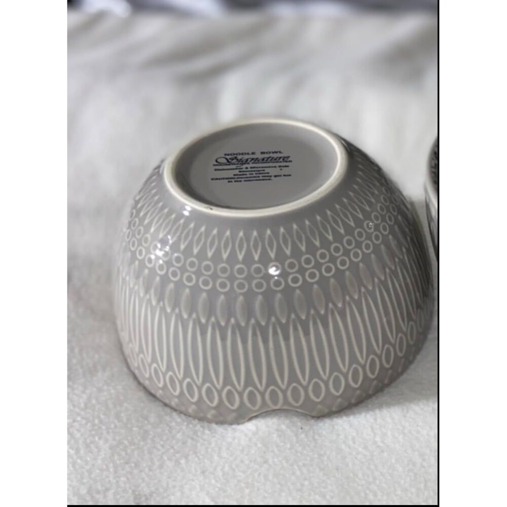 2 Signature Housewares Gray Stoneware Noodle Bowl Modern Geometric Pattern - Picture 5 of 7
